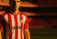 Atletico Madrid player at Wanda Metropolitano stadium in dramatic golden hour lighting
