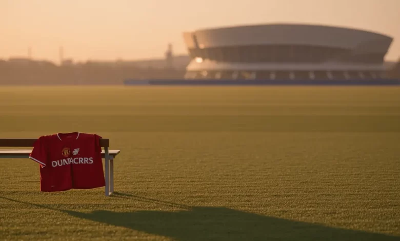 Manchester United jersey on training pitch with Barcelona stadium in distance at sunset